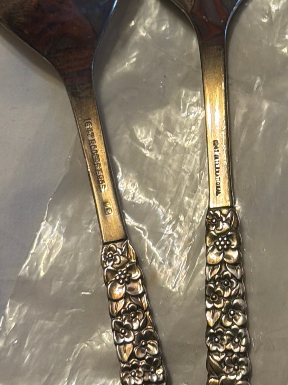 1970s Midcentury-Modern Silver Plated “Precious Flower” Serving Spoon and Fork